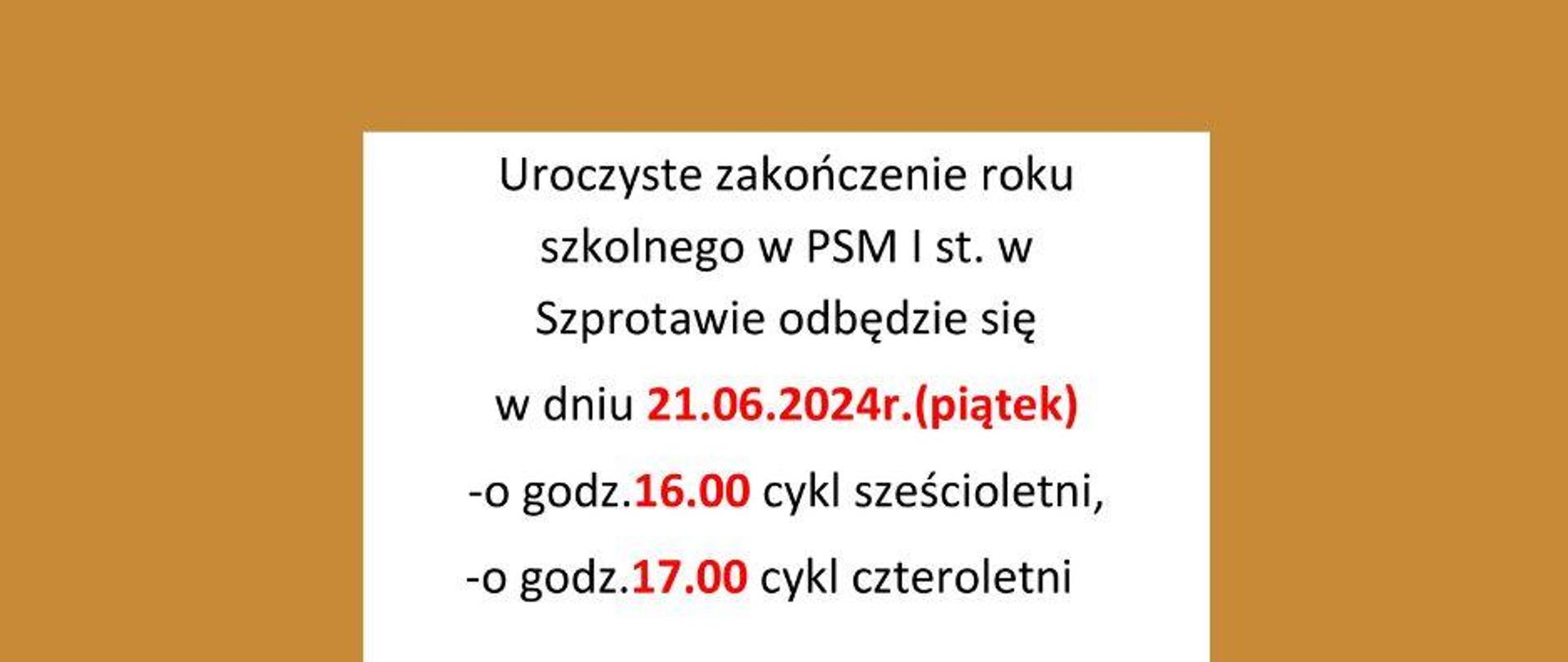 Uroczyste zakończenie roku szkolnego w PSM I st. w Szprotawie odbędzie się 21.06.2024 (piątek), godzina 16.00 cykl sześcioletni, godzina 17.00 cykl czteroletni.