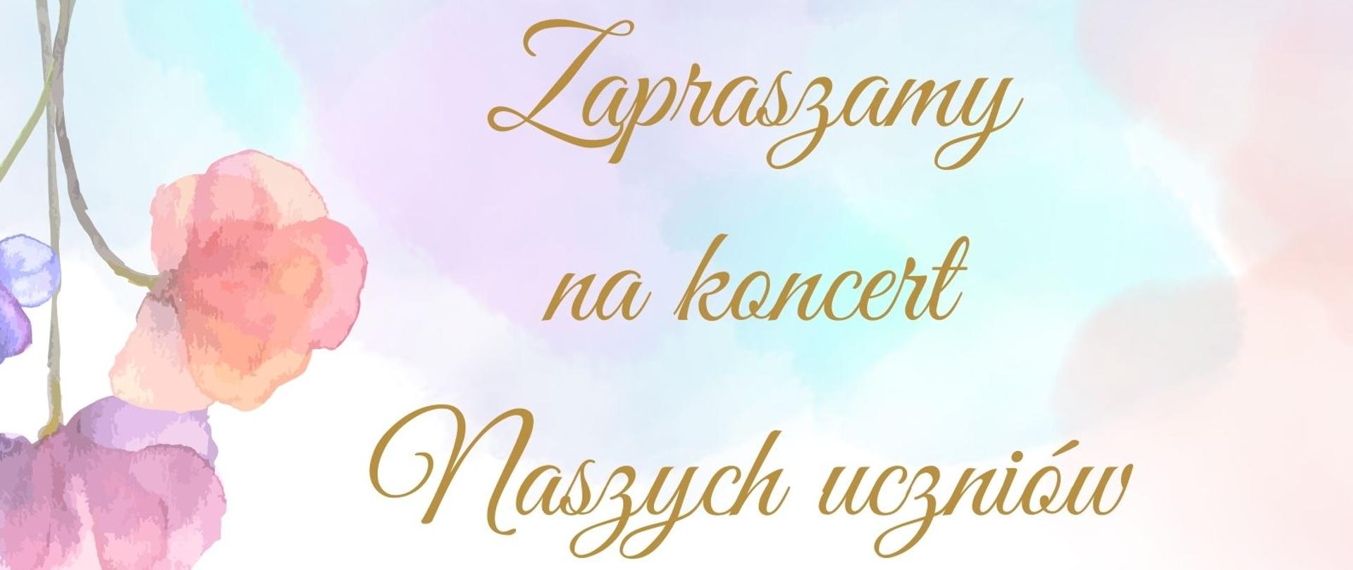 w lewym górnym oraz prawym dolnym rogu fioletowe i różowe kwiaty, całość na tle w pastelowych kolorach