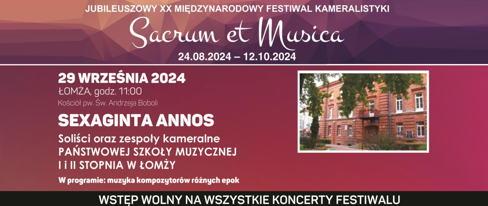 baner: Na czerwonym tle opis zdarzenia białymi literami. na górze logo festiwalu Sacrum et Musica.