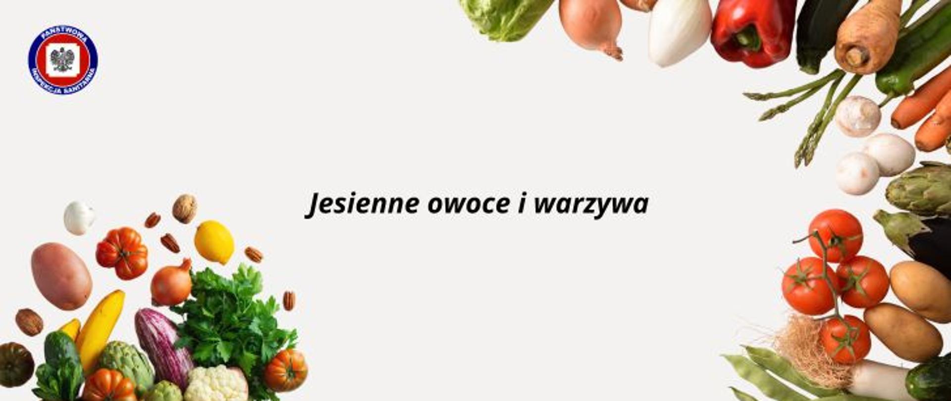 Na jasnoszarym tle pośrodku ciemny napis Jesienne owoce i warzywa, po jego prawej i lewej stronie widnieją różnego rodzaju kolorowe warzywa. W lewym górnym rogu logo Państwowej Inspekcji Sanitarnej.