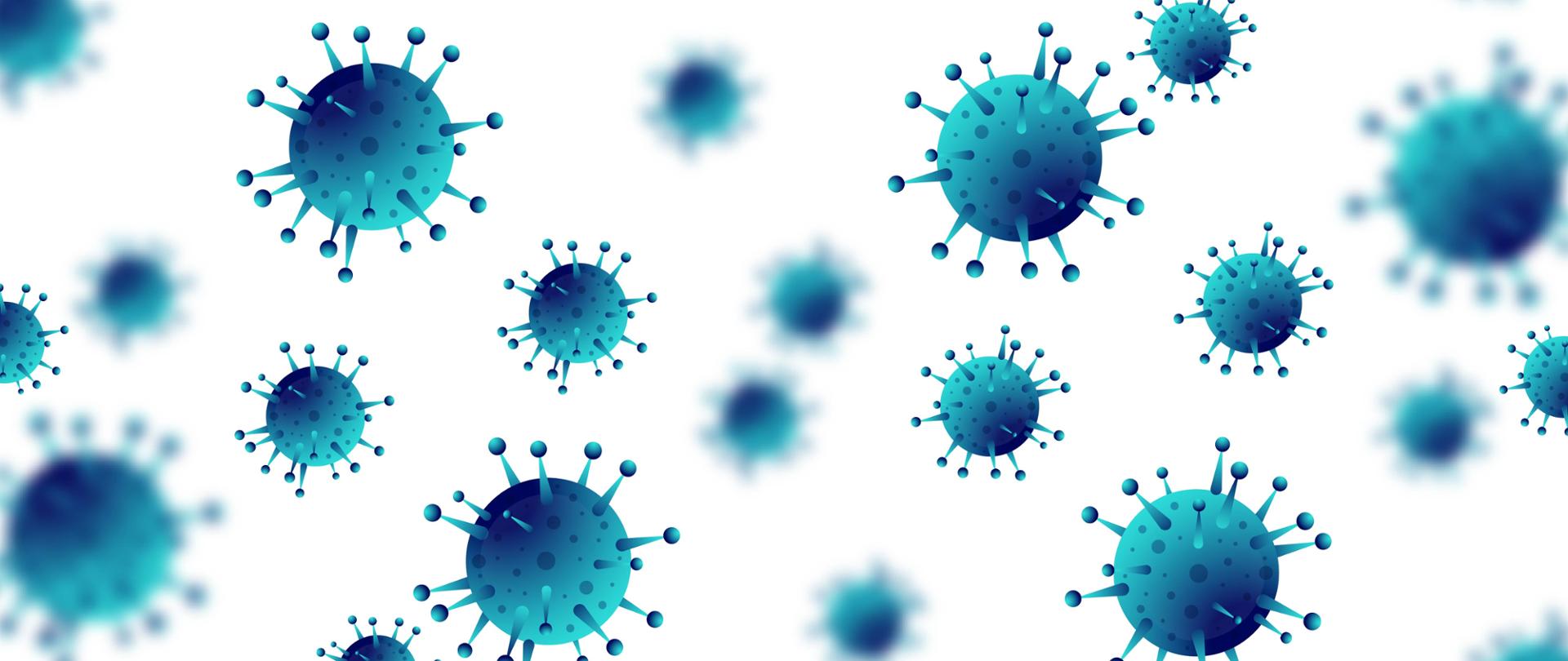 Na grafice znajdują się graficznie ukazane wirusy grypy w odcieniach niebieskiego. Tło jest białe.