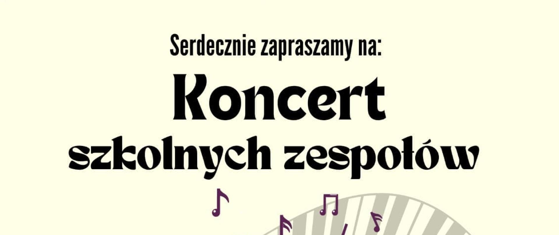 Plakat informuje o koncercie szkolnych zespołów, który odbędzie się 11 stycznia 2024 roku o godzinie 16:30 w Sali Koncertowej. Wydarzenie organizowane jest przez Państwową Szkołę Muzyczną I st. Nr 1 w Kędzierzynie-Koźlu. Na plakacie widnieją ilustracje instrumentów muzycznych, takich jak skrzypce, gitara, wiolonczela, perkusja i trąbka, wraz z nutami i klawiaturą fortepianu w tle. Dominujące kolory to czerwień, pomarańcz i biel, a design jest nowoczesny z elementami graficznymi nawiązującymi do muzyki.