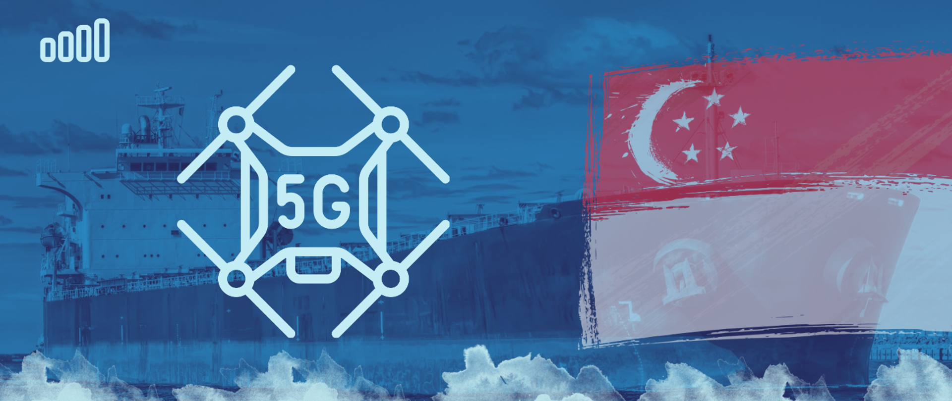 Zdjęcie statku handlowego na morzu. Na jego tle flaga Singapuru i graficzny symbol drona połączonego do sieci 5G.