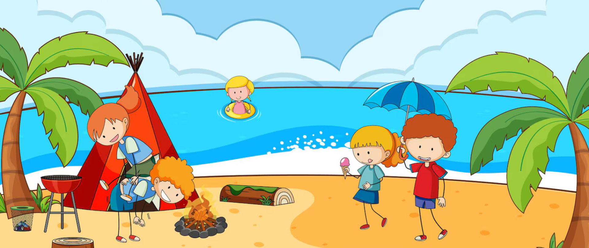Grafika przedstawia czwórkę dzieci na plaży, palmy namiot z ogniskiem. W tle morze i pływająca dziewczynka.