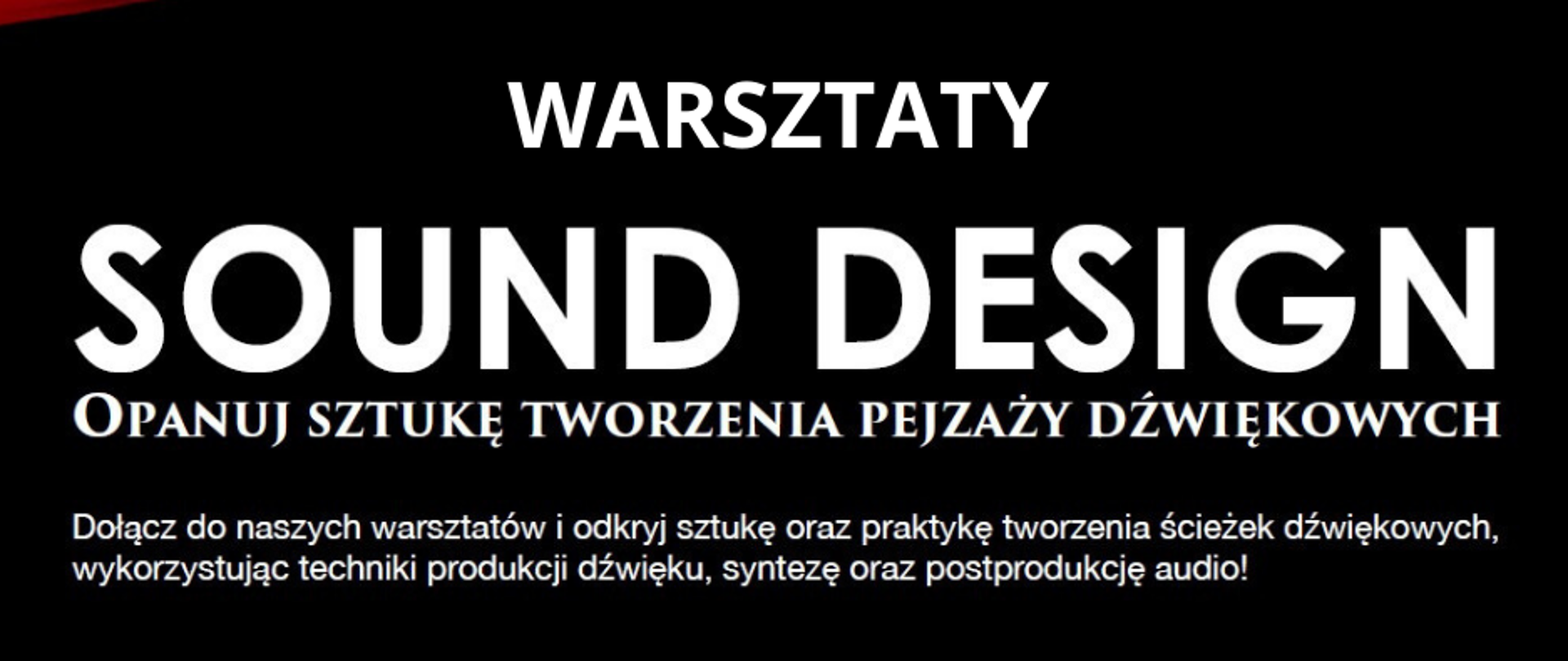 Grafika plakatu jest w ciemnej tonacji na plakacie w dolnej i górnej części plakatu znajdują się kolorowe fale. Na plakacie znajdują się następujące informacje: W lewym górnym rodu logo szkoły a obok pełna nazwa szkoły oraz sekcja organizująca warsztaty - Państwowa Szkoła Muzyczna I i II st. im. Fryderyka Chopina w Nowym Targu, Sekcja Przedmiotów Ogólnomuzycznych zapraszają na Warsztaty Sound Design opanuj sztukę tworzenia pejzaży dźwiękowych. Dołącz do naszych warsztatów i odkryj sztukę oraz praktykę tworzenia ścieżek dźwiękowych, wykorzystując techniki produkcji dźwięku, syntezę oraz postprodukcję audio. Chęć uczestnictwa w warsztatach zgłaszamy do Pani Kseni Miskiewicz lub Pani Elizy Krupińskiej. Prowadzący: Sebastian Szymański. Na samym dole plakatu data i miejsce wydarzenia: 25 listopada 2024 r. , godz. 14.00 - 18.00, Sala kameralna