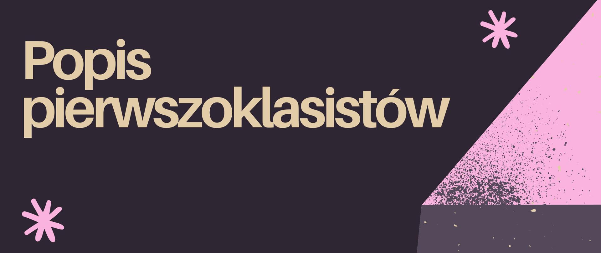 W lewym dolnym i prawym górnym rogu fragmenty fortepianów we fioletowym kolorze. Wokół nich krążące fioletowe gwiazdki. W lewym górnym i prawym dolnym rogu złote napisy zwiastujące popis uczniów oraz informujące o dacie i miejscu wydarzenia. Wszystko na ciemnofioletowym tle.