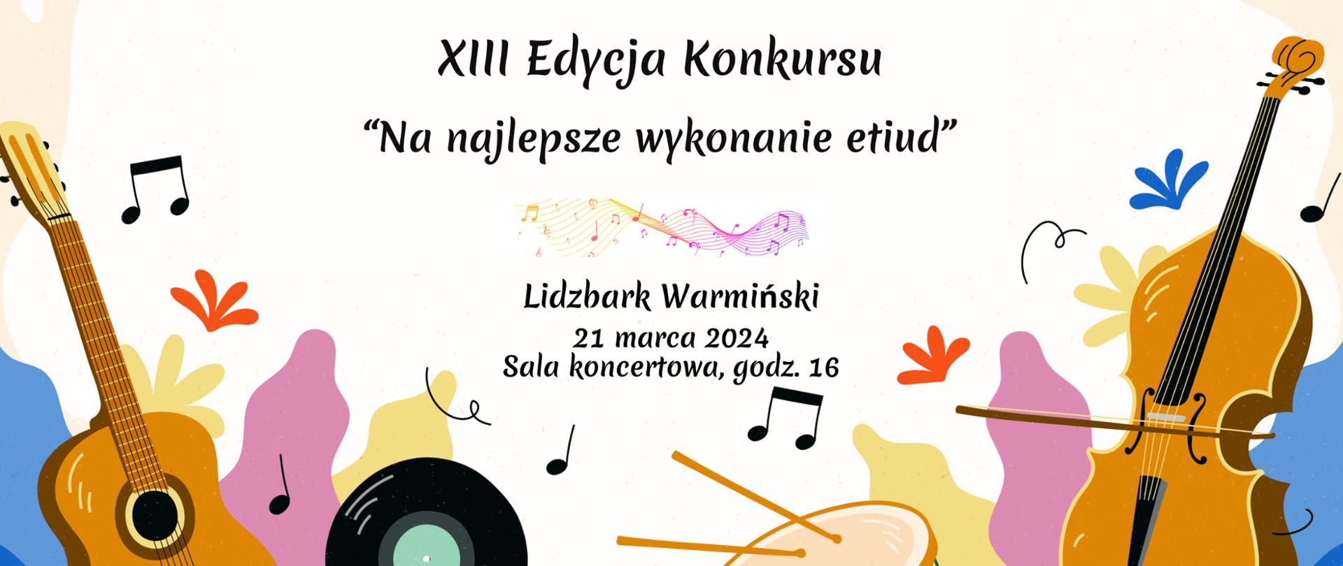 Na środku plakatu na białym tle nazwa konkursu i data napisana w kolorze czarnym. Z lewej strony gitara, z prawej strony wiolonczela , 2 instrumenty w kolorze złotobrązowym, na środku werbel.