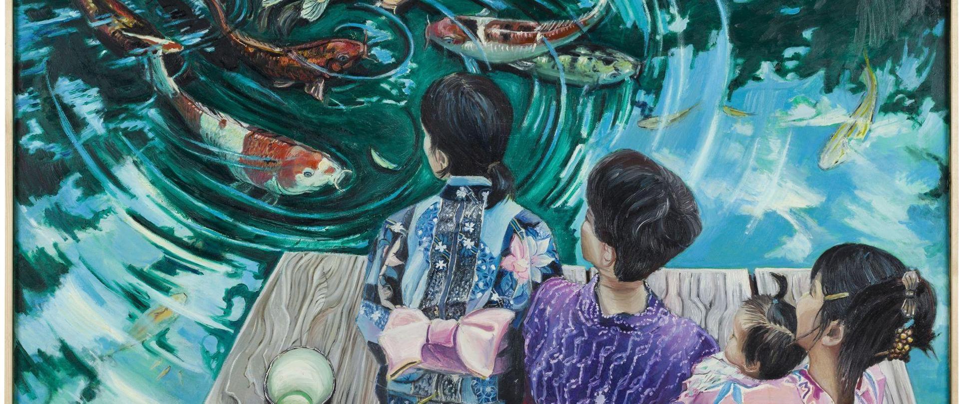 Trzy kobiety i dziecko w kolorowych strojach japońskich patrzą na ryby koi