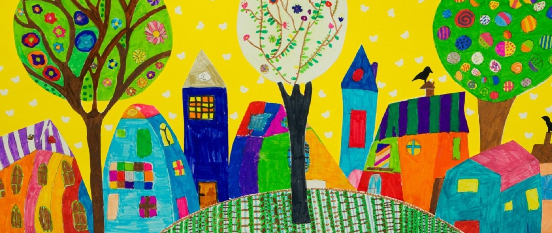 kolorowy rysunek przedstawiający dziecięcą wizję miasta