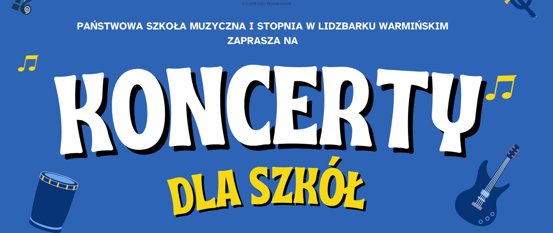 Plakat koncertu dla szkół. Na górze na niebieskim tle logo szkoły ze złotym saksofonem i nazwa szkoły w kolorze czarnym, poniżej nazwa koncertu w kolorze żółtym. W środkowej części stojący czarny fortepian oraz kobiety i mężczyźni grający na instrumentach , ubrani w czerwone i żółte bluzki. Poniżej godziny i data koncertu napisane w kolorze żółtym i białym. Na obrzeżach całego plakatu miniaturki różnych instrumentów w kolorze granatu.