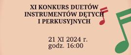 plakat zawiera od góry czarne napisy z tytułem konkursu, datą, godziną oraz z boku po prawej nuty zielone, czerwone, całość utrzymana w kremowym kolorze