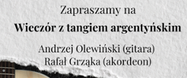 Plakat koncertu na biało-czarnym tle ze zdjęciem gitary i akordeonu