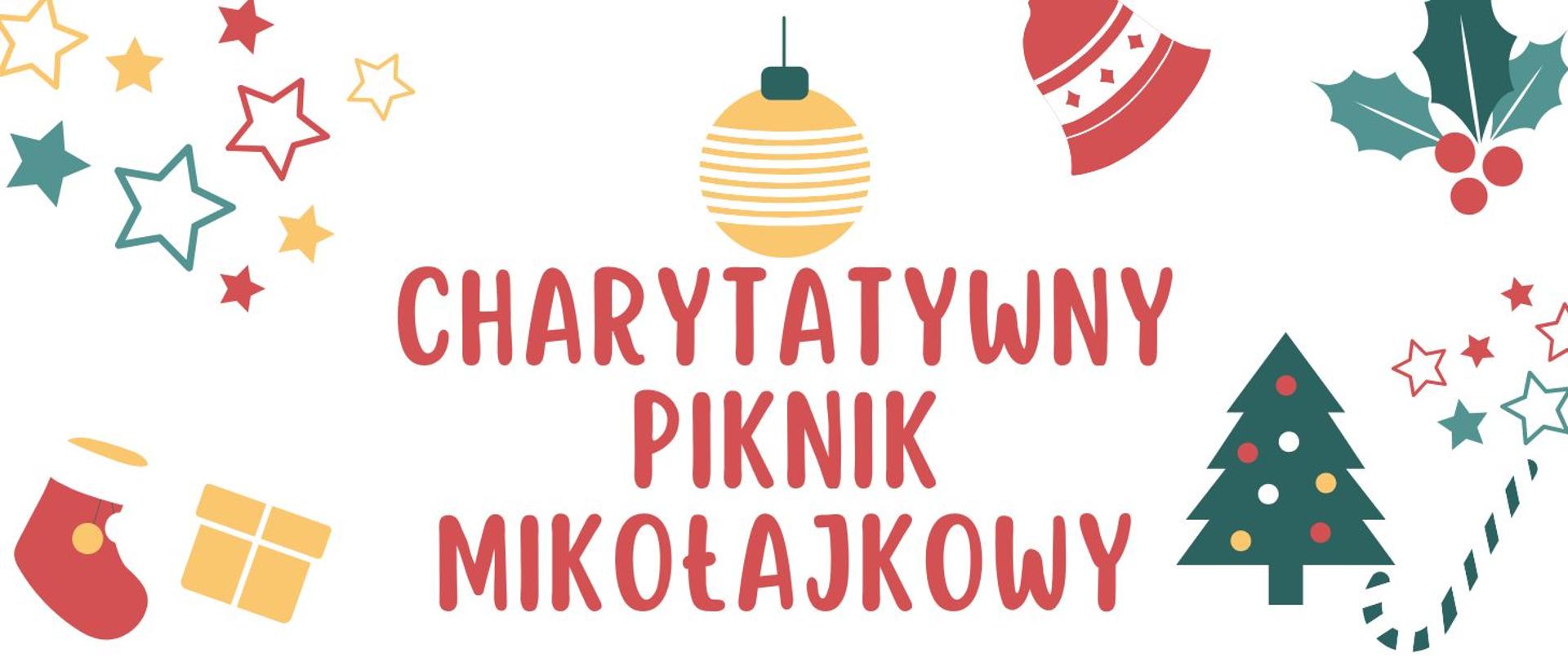 na białym tle świąteczne grafiki typu choinka, gwiazdki, prezenty. centralnie napis Charytatywny Piknik Mikołajkowy 