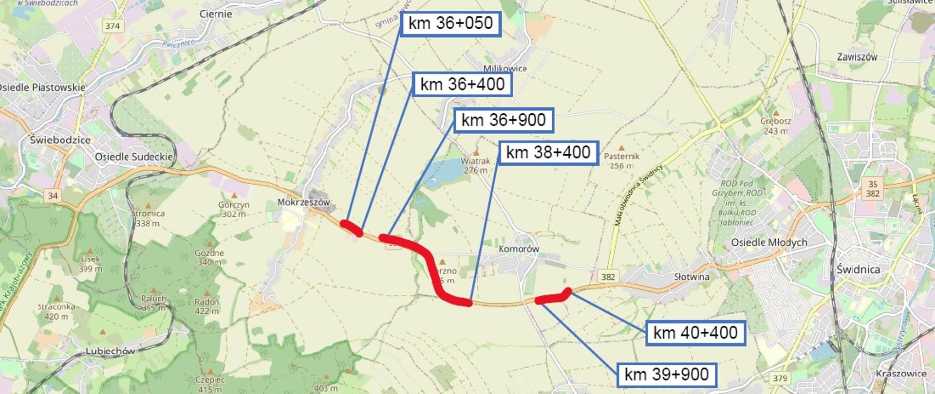 Na zdjęciu widać mapę DK35 na odcinku Mokrzeszów - Słotwina, z naniesionymi danymi dot. remontowanych odcinków drogi. 