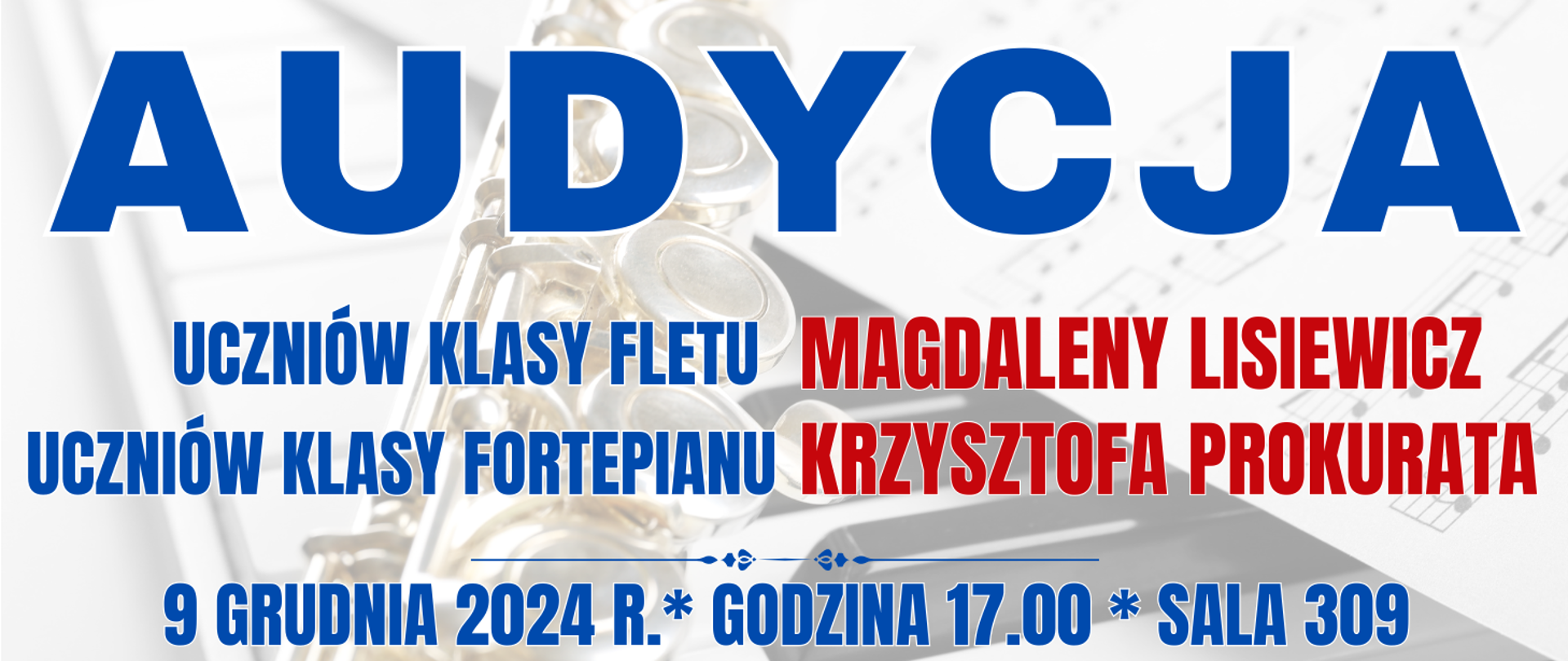 baner z półprzezroczystym fletem poprzecznym leżącym na klawiaturze fortepianu i nutach oraz informacja o wydarzeniu