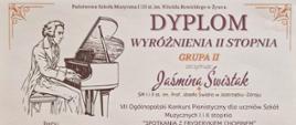 Dyplom wyróżnienia drugiego stopnia w grupie drugiej otrzymała Jaśmina Świstak w siódmym Ogólnopolskim Konkursie Pianistycznym dla uczniów Szkół Muzycznych pierwszego i drugiego stopnia „Spotkania z Fryderykiem Chopinem” w Żywcu dnia 10 maja dwa tysiące dwudziestego czwartego roku.