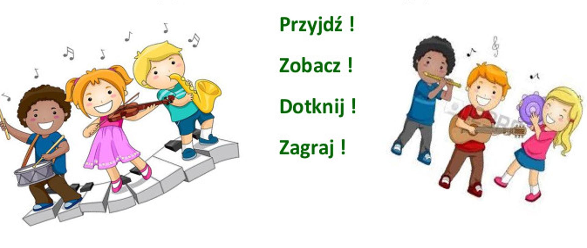 Na zdjęciu grafiki związane z dziećmi grającymi na instrumentach. Nad głowami dzieci unoszą się nutki. Dzieci grają na skrzypcach, bębenku i gitarze.