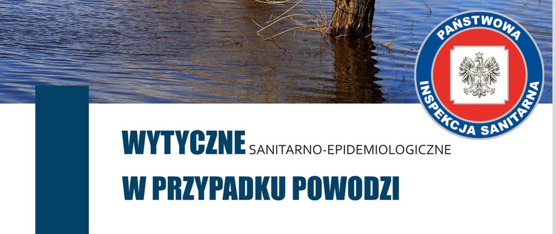 Wierzby stojące w wodzie, logo Państwowej Inspekcji Sanitarnej, napis Wytyczne sanitarno-epidemiologiczne w przypadku powodzi