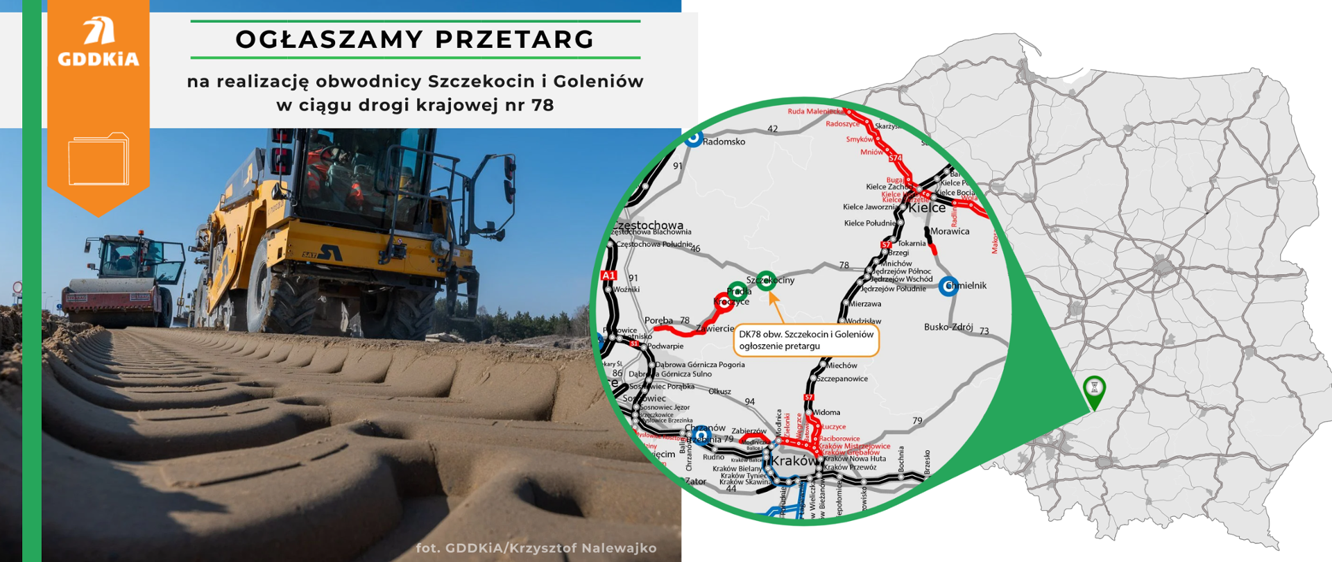 Infografika dot. ogłoszenia przetargu na realizację obw. Szczekocin i Goleniów w ciągu DK78