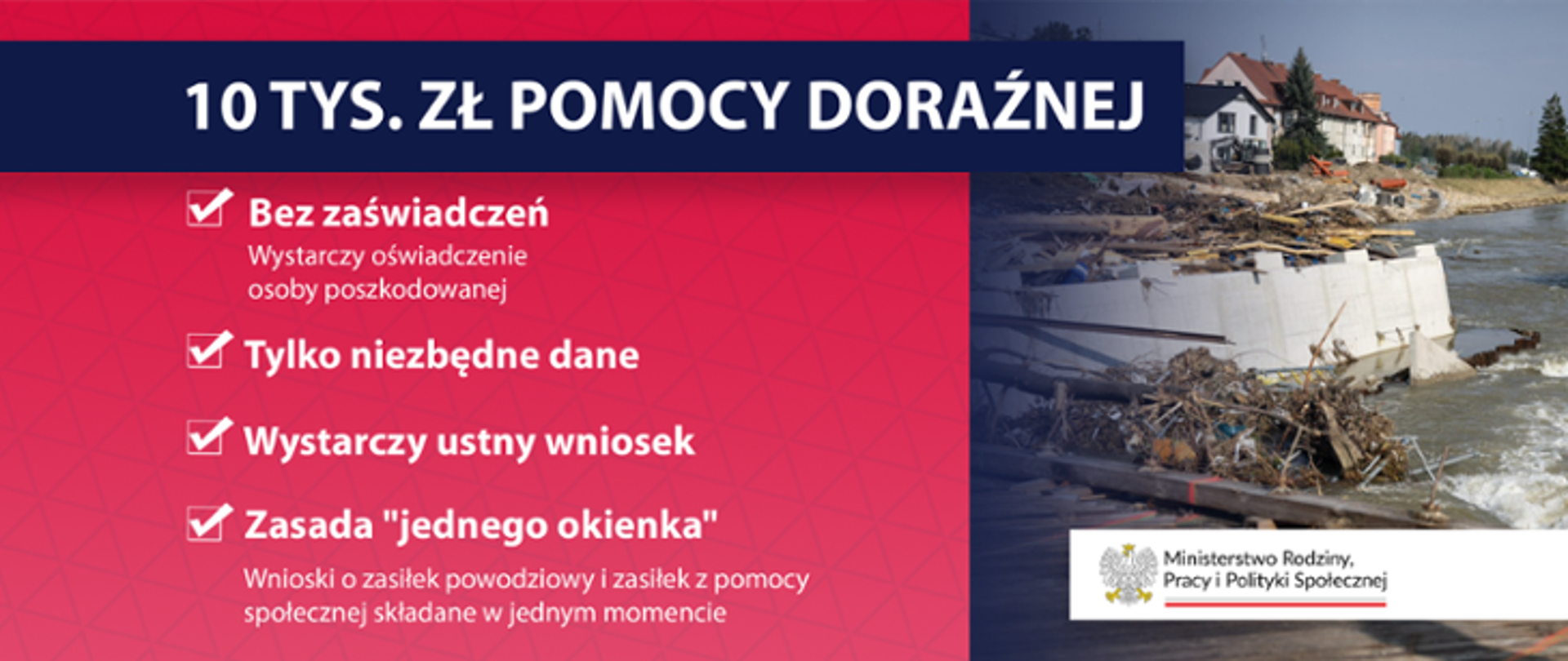 10 tys. zł pomocy doraźnej. bez zaświadczeń, wystarczy oświadczenie osoby poszkodowanej. tylko niezbędne dane. wystarczy ustny wniosek. zasada "jednego okienka", wnioski o zasiłek powodziowy i zasiłek pomocy społecznej składane w jednym momencie