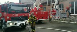 Na zdjęciu widzimy strażaka na tle podnośnika hydraulicznego i samochodu gaśniczego.
