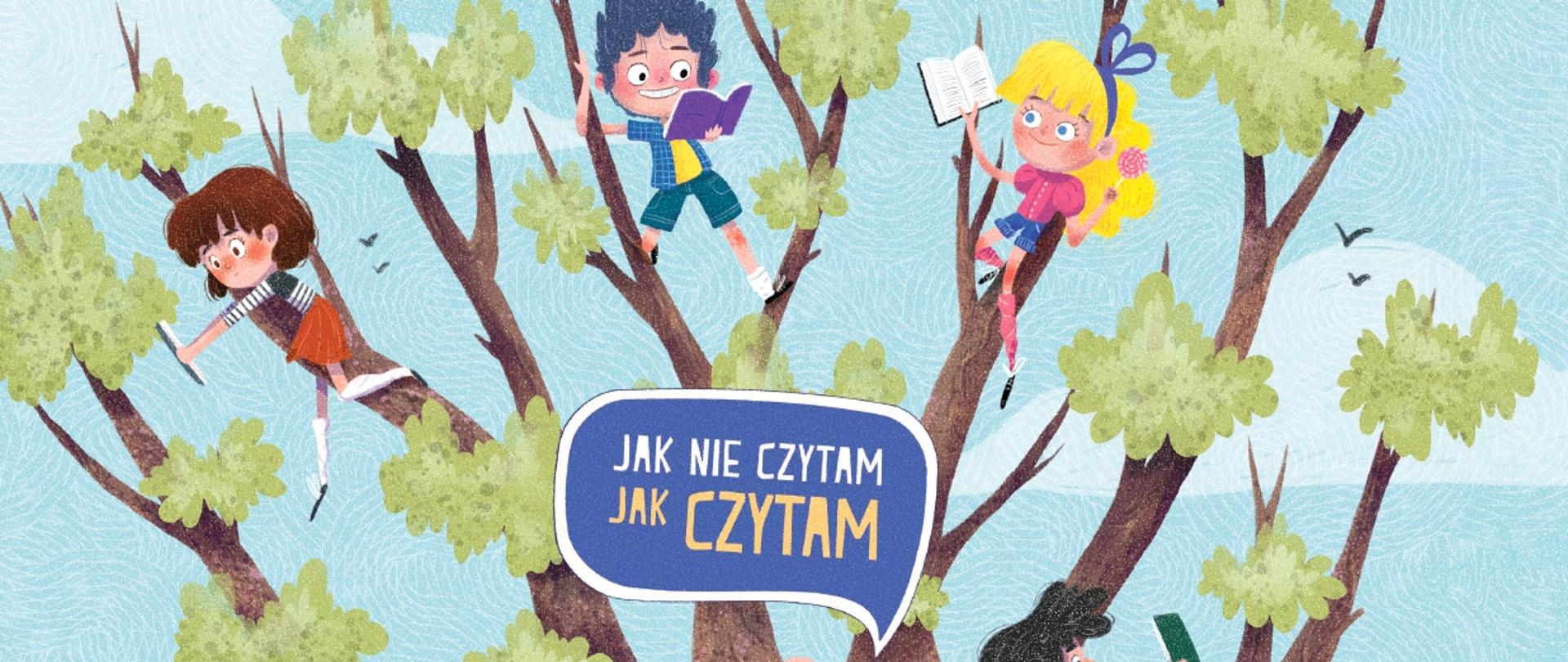 Plakat przedstawiający drzewo na które wspinają się uśmiechnięte dzieci trzymające w rękach książki
