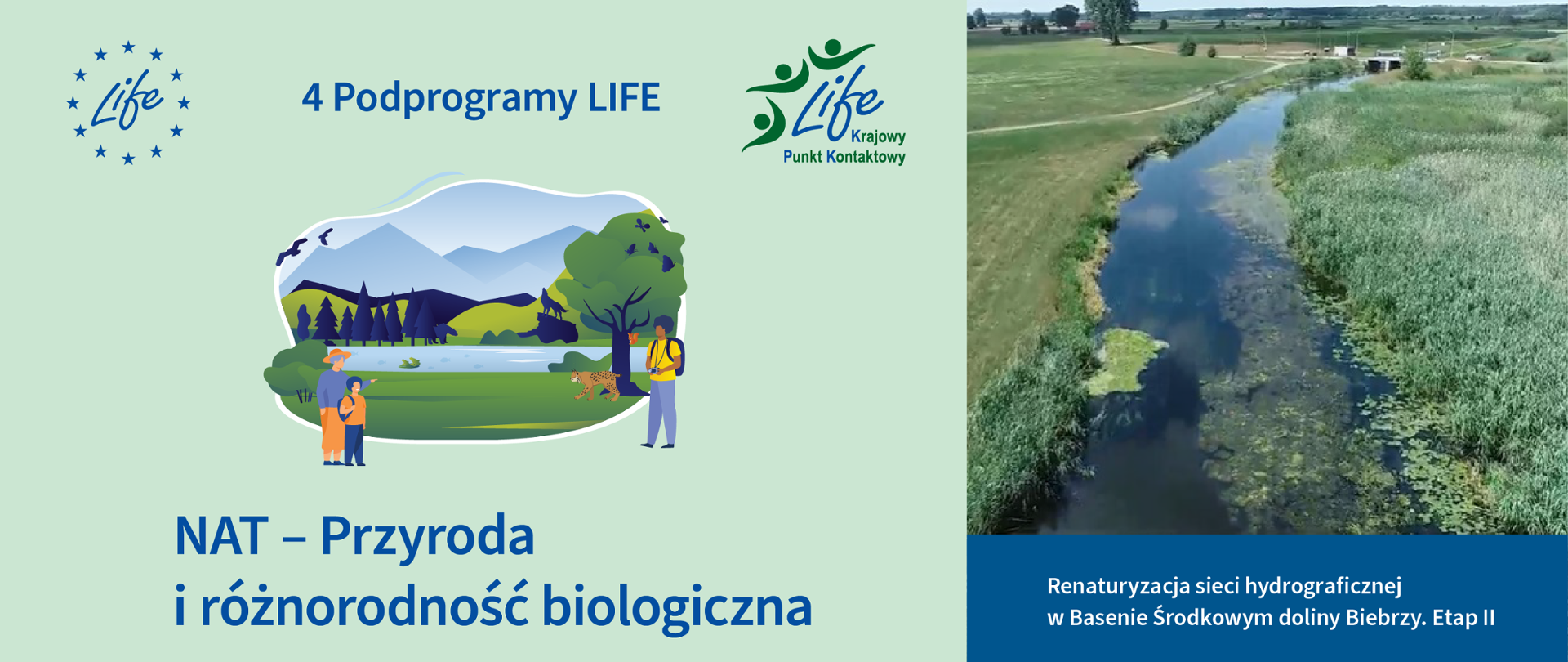 Ilustracja przedstawia z prawej strony zdjęcie doliny Biebrzy, koryto rzeki wśród pól a z lewej strony grafikę do podprogramu Life Przyroda i różnorodność biologiczna z logotypami Programu Life i ilustracją turystów patrzących w kierunku rzeki, w tle skały i dzikie zwierzęta