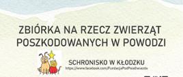 Plakat na kolorowym tle z informacją tekstową dotyczącej zbiórki na rzez zwierząt poszkodowanych w powodzi oraz grafiką zwierząt oraz logami firm wspierających zbiórkę