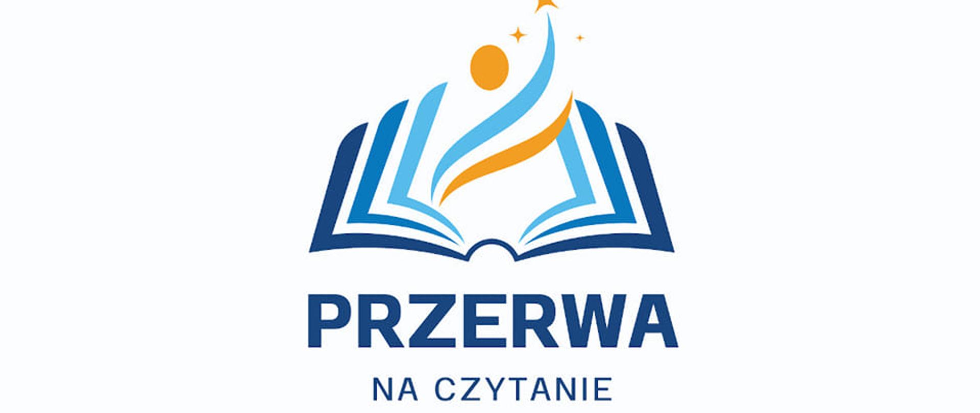 Plakat promujący akcję Przerwa na czytanie. Na białym tle niebieska otwarta książka napisem: Przerwa na Czytanie. Bijemy rekordy. Wokół żółte gwiazdki