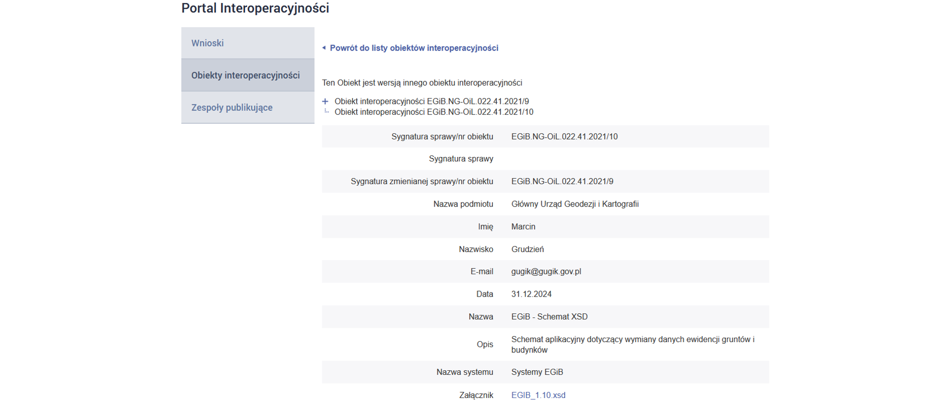 Ilustracja przedstawia zrzut z ekranu serwisu epuap.gov.pl, zakładka Portal Interoperacyjności, skąd można pobrać schematy aplikacyjne xsd.