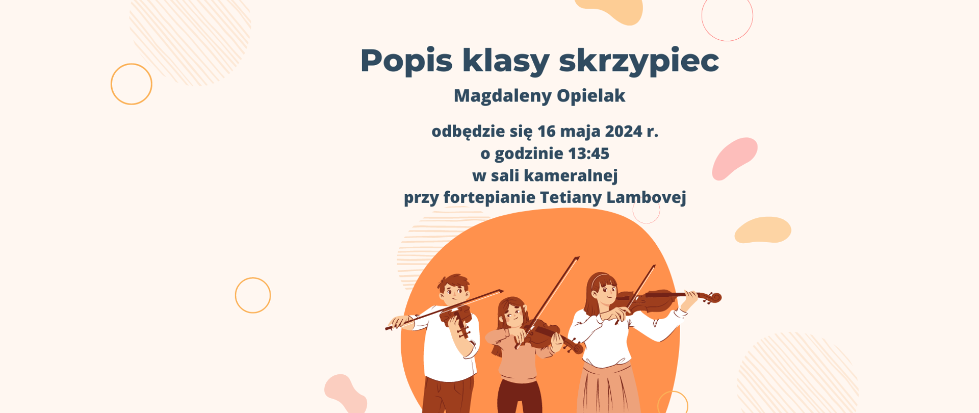 Plakat przedstawia informację o popisie klasy skrzypiec Magdaleny Opielak, który odbędzie się 16 maja 2024 roku o godzinie 13:45 w sali kameralnej przy fortepianie Tetiany Lambovej.
Elementy plakatu:
Tytuł: Popis klasy skrzypiec
Imię i nazwisko nauczycielki: Magdalena Opielak
Data: 16 maja 2024 r.
Godzina: 13:45
Miejsce: sala kameralna
Dodatkowe informacje: przy fortepianie Tetiany Lambovej
Analiza plakatu:
Plakat jest prosty i przejrzysty. Informacje są jasno i czytelnie prezentowane. Użyto dużej i wyraźnej czcionki, a kolorystyka jest kontrastowa. Plakat jest elegancki i profesjonalny.
Cel plakatu:
Celem plakatu jest poinformowanie o popisie klasy skrzypiec Magdaleny Opielak i zachęcenie do udziału.
Dodatkowe uwagi:
Plakat nie zawiera żadnych zdjęć ani ilustracji. Można by je dodać, aby plakat był bardziej atrakcyjny wizualnie.
Podsumowanie:
Plakat jest dobrze zaprojektowany i spełnia swój cel. Jest informacyjny i zachęcający do udziału.
Informacje o wydarzeniu:
Nazwa: Popis klasy skrzypiec
Nauczycielka: Magdalena Opielak
Data: 16 maja 2024 r.
Godzina: 13:45
Miejsce: sala kameralna
Dodatkowe informacje: przy fortepianie Tetiany Lambovej