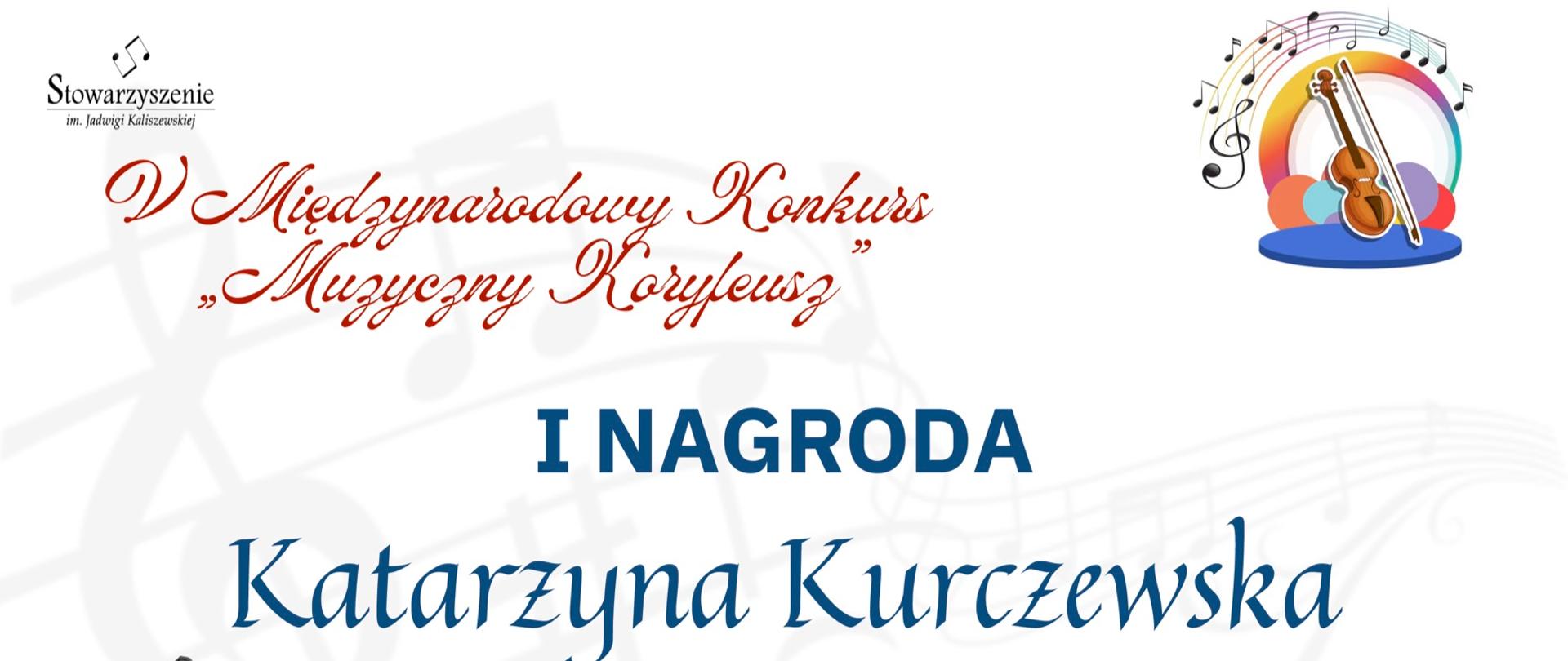 Na kolorowym tle, u góry po lewej stronie logotyp Stowarzyszenia imienia Jadwigi Kaliszewskiej, poniżej grafika skrzypiec, po prawej stronie grafika fortepianu. W środku symbole nut i klucza wiolinowego, na dole podpisy członków Jury.