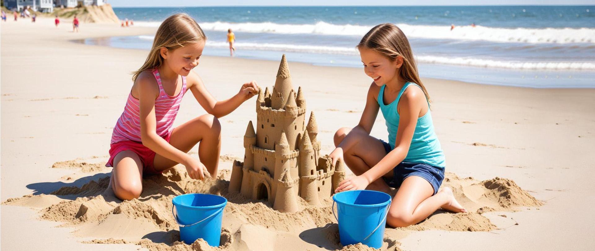 Dwie uśmiechnięte dziewczynki budują zamek z piasku na plaży nad morzem.