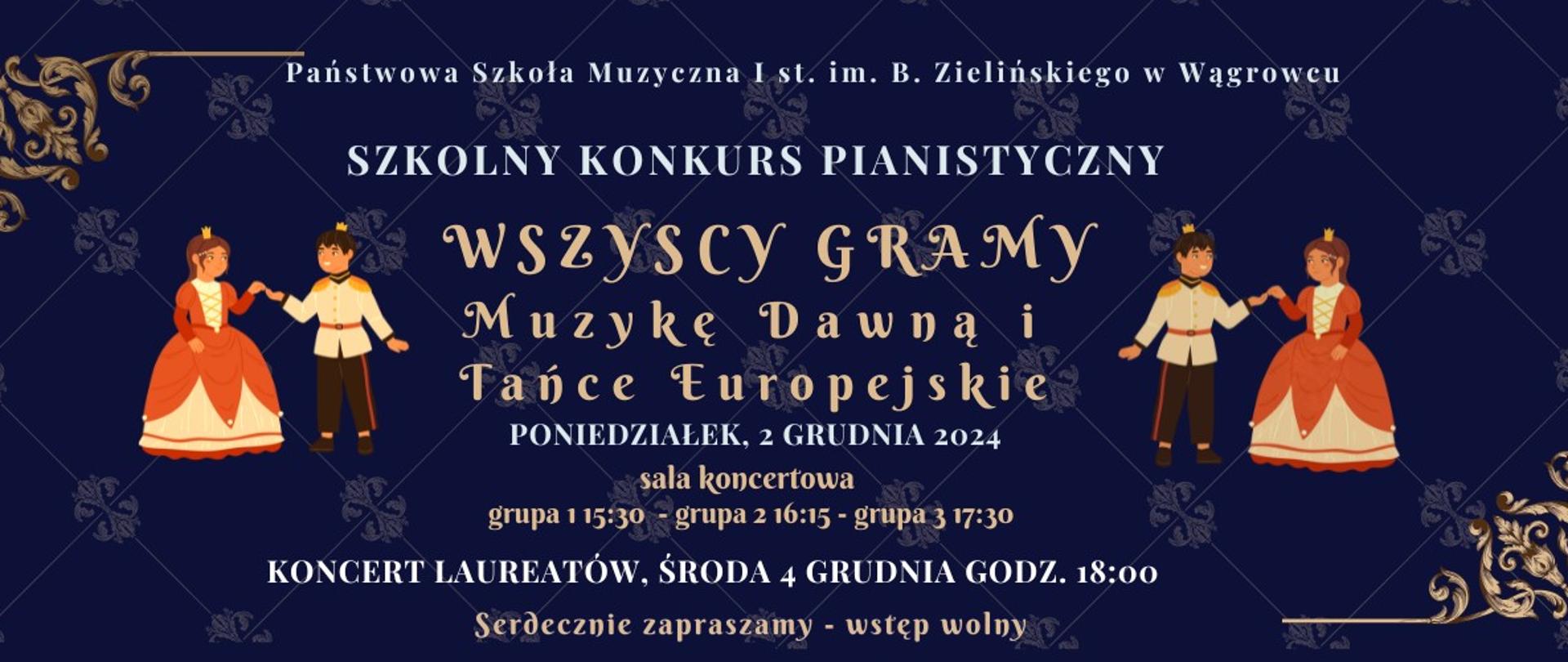 Baner reklamowy w kolorze niebieskim zawiera informacje dotyczące konkursu pianistycznego w Państwowej Szkole Muzycznej I st. im. B. Zielińskiego w Wągrowcu w dniu 4 grudnia 