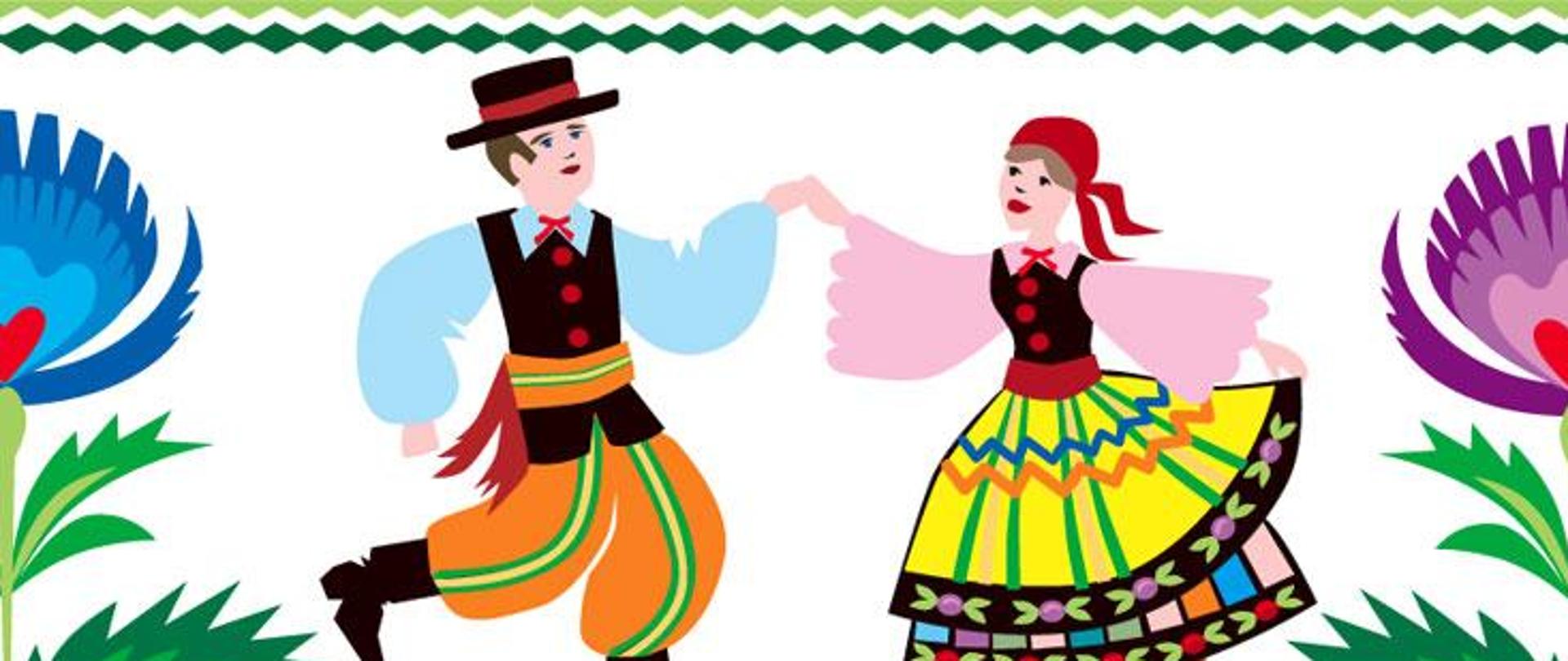 Grafika przedstawiająca kobietę i mężczyznę tańczących w wielobarwnych strojach ludowych. Mężczyzna trzyma lewą dłonią prawą dłoń kobiety.