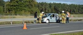 Droga ekspresowa S5. Na pasie awaryjnym stoi auto osobowe, ktore ma poważne uszkodzenia tylnej części. Obok pojazdu znajduje sie dwóch strażaków, z których jeden odłącza akumulator. Jest tam też kierowca samochodu i pracownik służby drogowej. W tle łąka i las. 