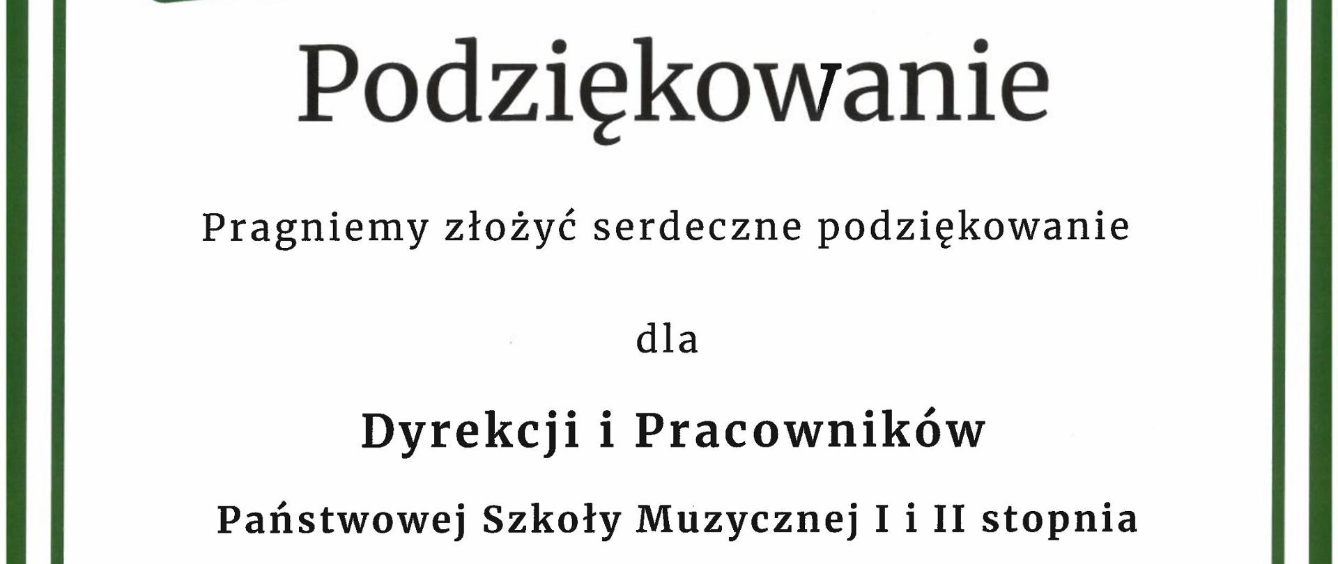 Podziękowanie dla PSM I i II stopnia w Jastrzębiu Zdroju.