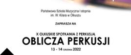 plakat festiwalu Oblicza Perkusji, u góry talerz perkusyjny z pałką, czarne kwadraty