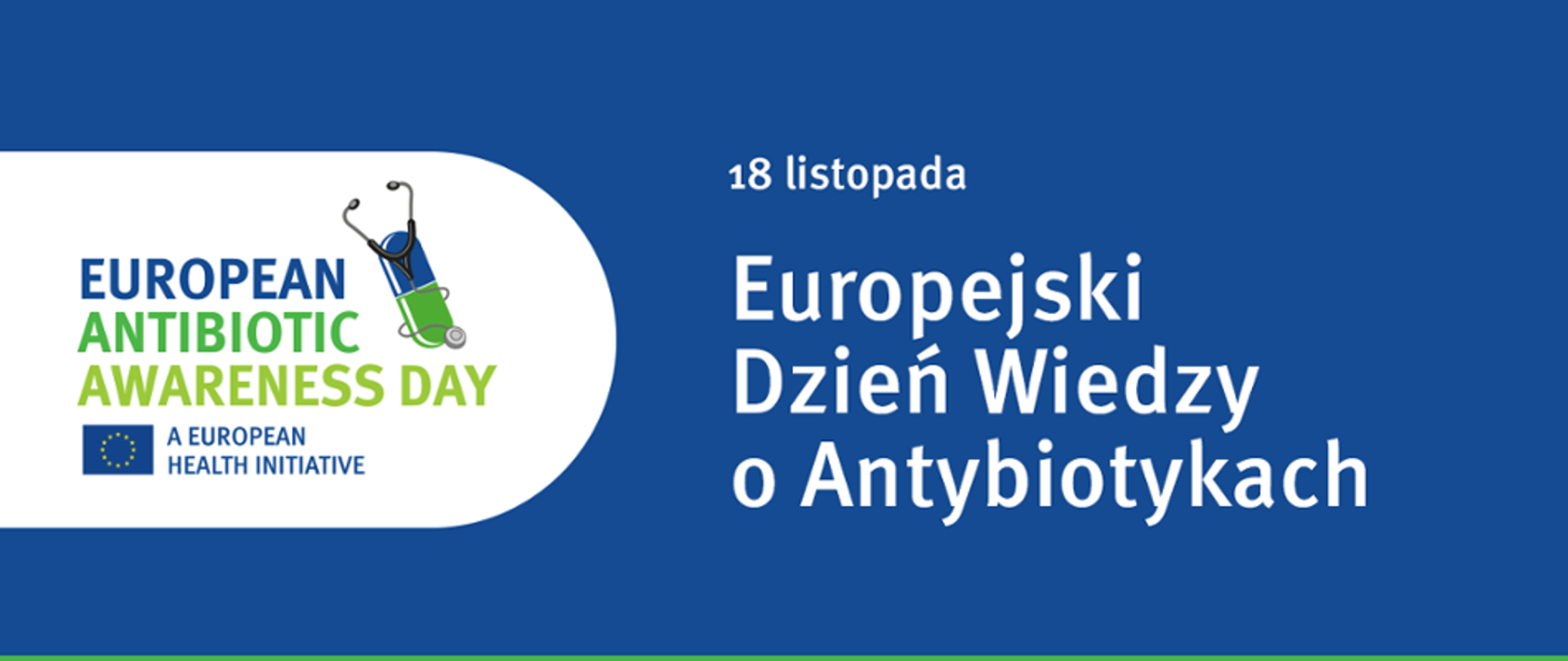 Niebieskie tło i napis 18 listopada Europejski Dzień Wiedzy o Antybiotykach