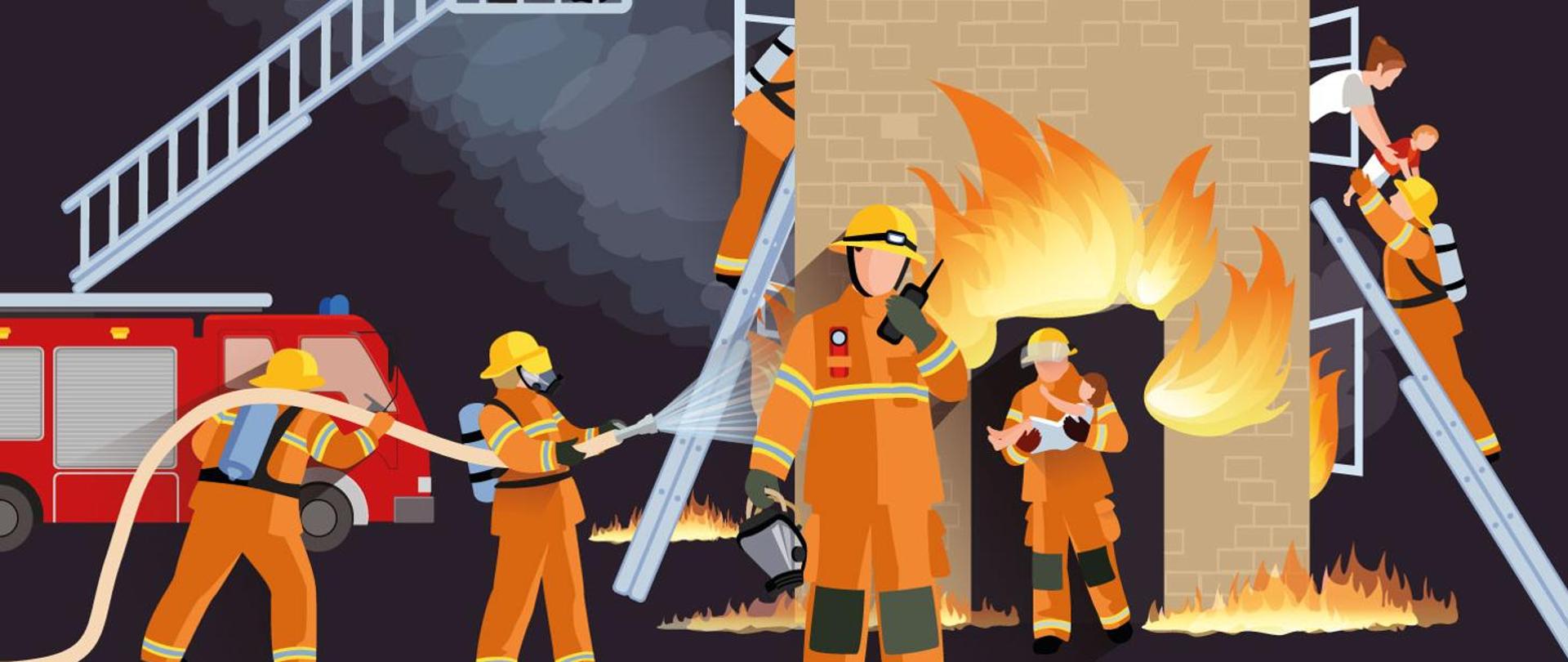 Rysunek przedstawiający strażaków gaszących pożar