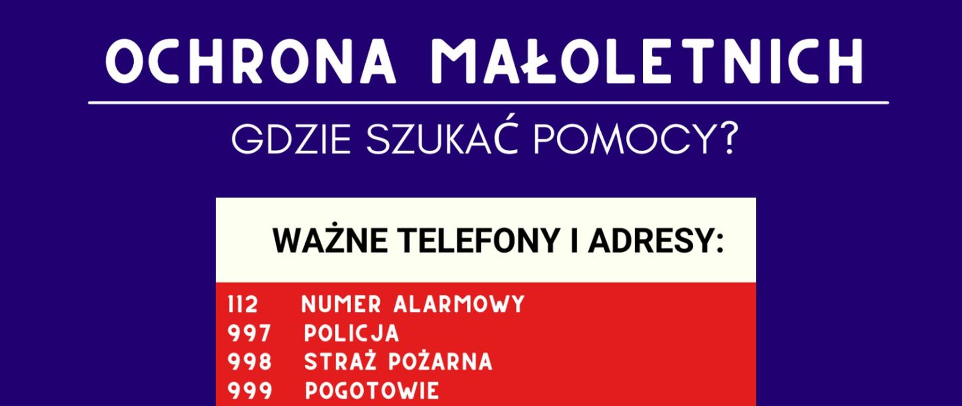 Banner przedstawia napis "Ochrona Małoletnich - gdzie szukać pomocy?" oraz numery alarmowe w Polsce. Biały tekst na niebieskim tle.