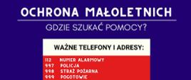 Banner przedstawia napis "Ochrona Małoletnich - gdzie szukać pomocy?" oraz numery alarmowe w Polsce. Biały tekst na niebieskim tle.