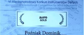 Dyplom w kolorze niebieskim. W nagłówku jest umieszczona nazwa konkursu, poniżej napis: złoto gold, Poźniak Dominik. 