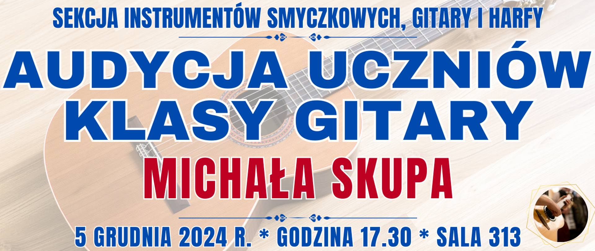 baner z półprzezroczystą gitarą akustyczną oraz informacja o wydarzeniu 