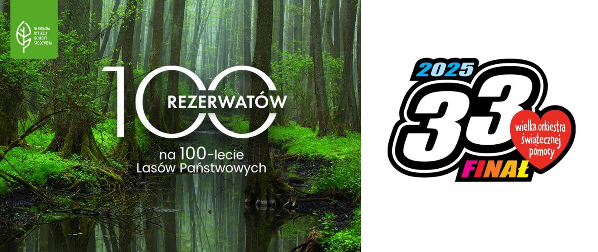 Po lewej stronie logo projektu 100 rezerwatów na 100-lecie Lasów Państwowych. Po prawej logo wielkiej orkiestry świątecznej pomocy.