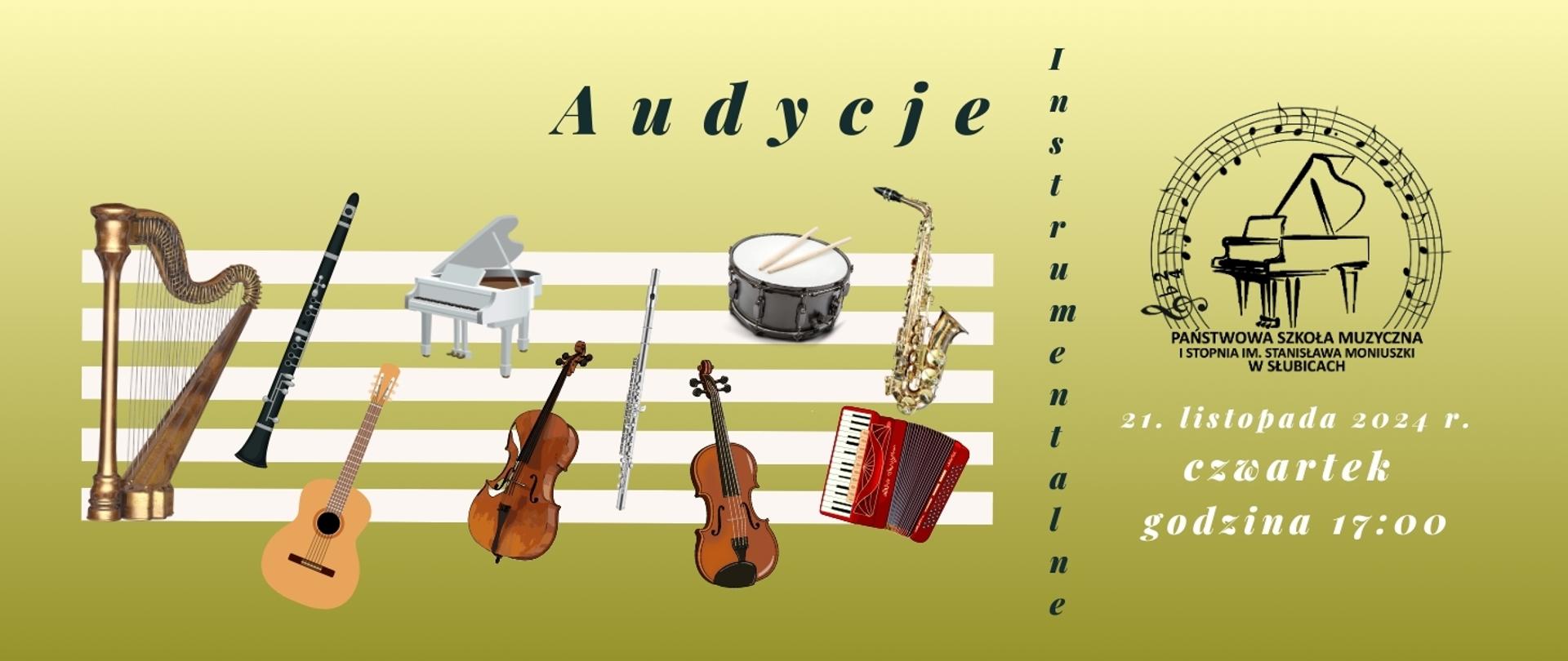 Baner zapowiadający audycje instrumentalne, na zielonym tle rysunki instrumentów muzycznych, po prawej stronie logo szkoły.