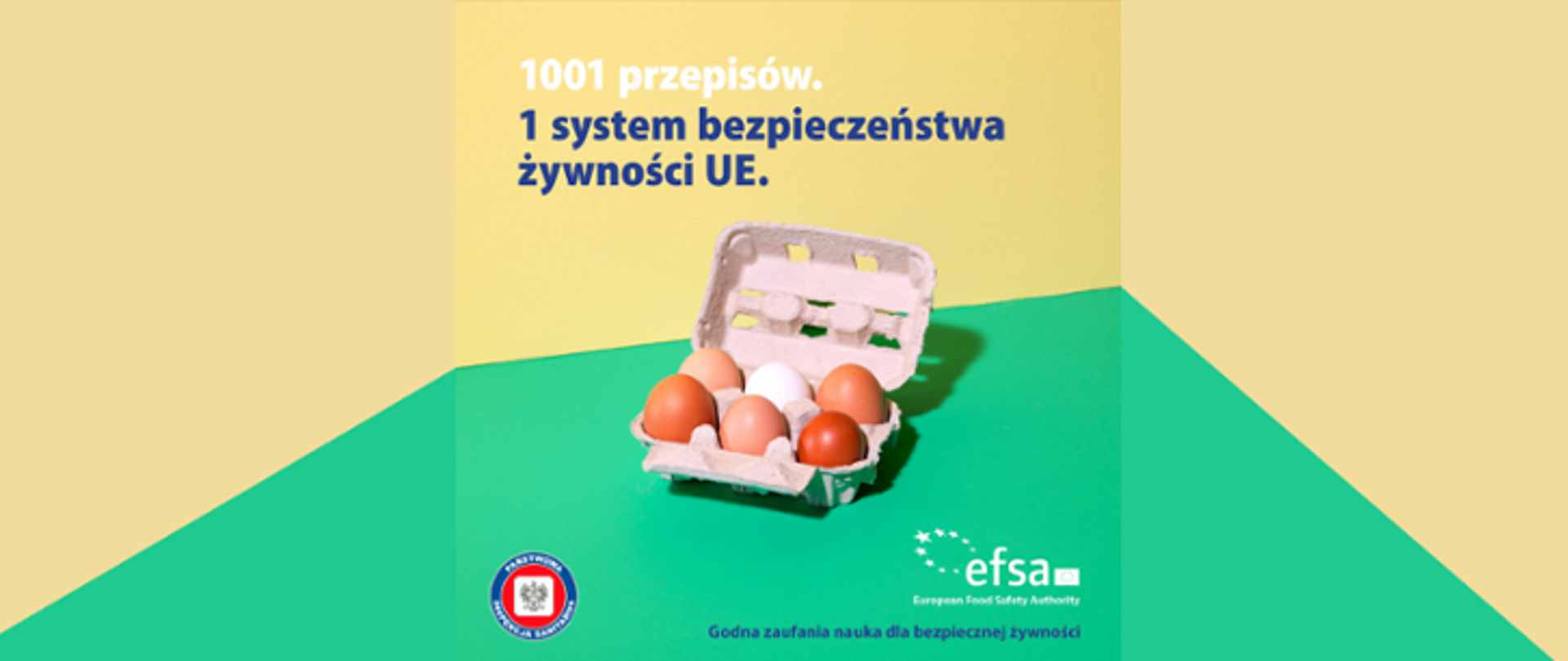 Grafika, na której widnieje napis: 1001 przepisów. 1 system bezpieczeństwa żywności UE. Poniżej znajduje się wytłaczanka wraz z jajami. Na samym dole widoczne jest logo Państwowej Inspekcji Sanitarnej oraz Europejskiego Urzędu ds. Bezpieczeństwa Żywności.