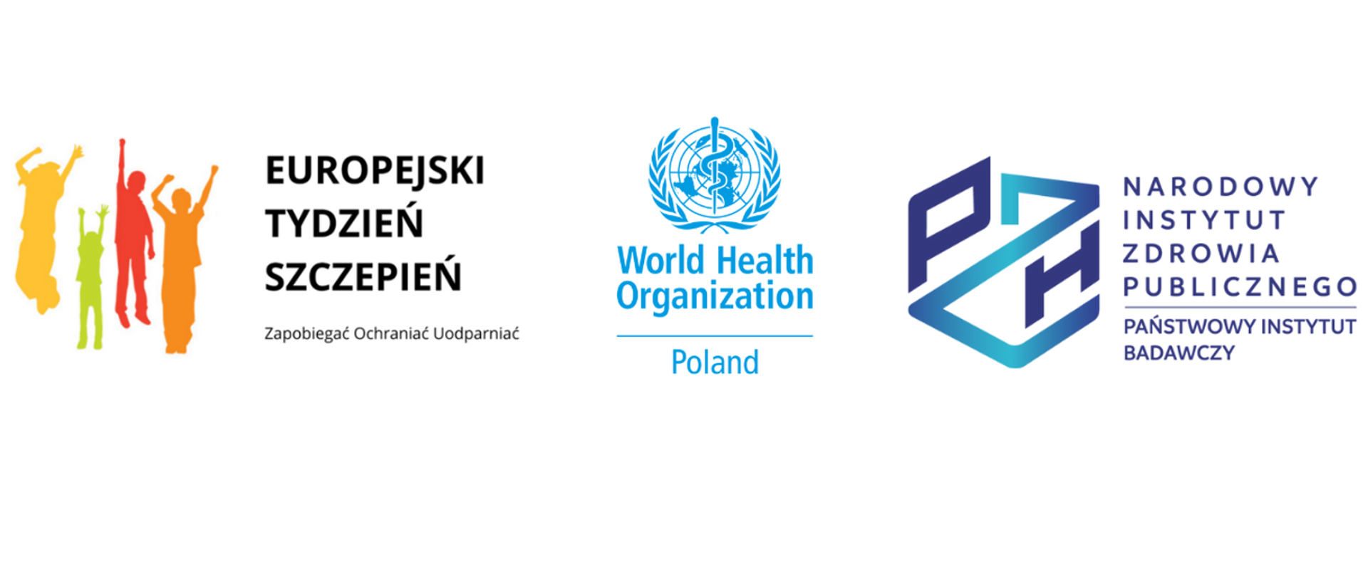Logo z osobami z uniesionymi rękami napis Europejski Tydzień Szczepień logo WHO i Narodowego Instytutu Zdrowia Publicznego