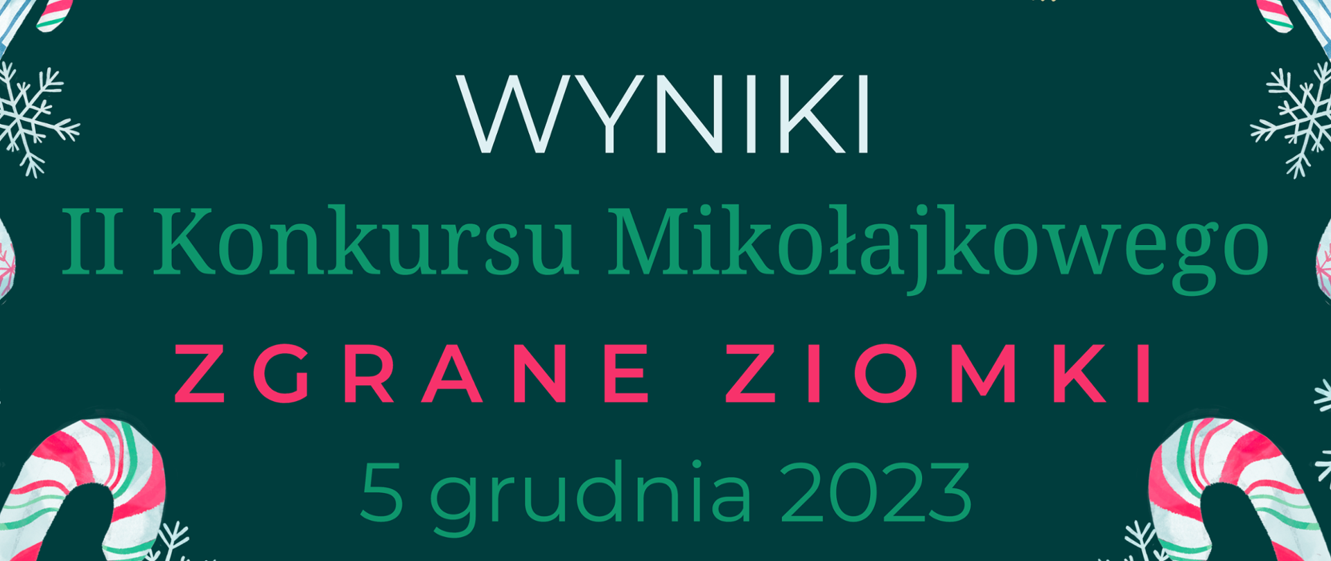 Plakat na zielonym tle z ilustracjami kolorowych choinek na dole. Pośrodku plakatu umieszczono napisy o następującej treści "Wyniki II konkursu mikołajkowego Zgrane ziomki 5 grudnia 2023 r. Mega Zgrane Ziomki - rodzina PIelczyków, Super Zgrane Ziomki - rodzina Cwalińskich, Bardzo Zgrane Ziomki -  rodzina Niedzieli, Nagroda organizatorów - rodzina Olejników, Gratulacje dla wszystkich rodzin!" 