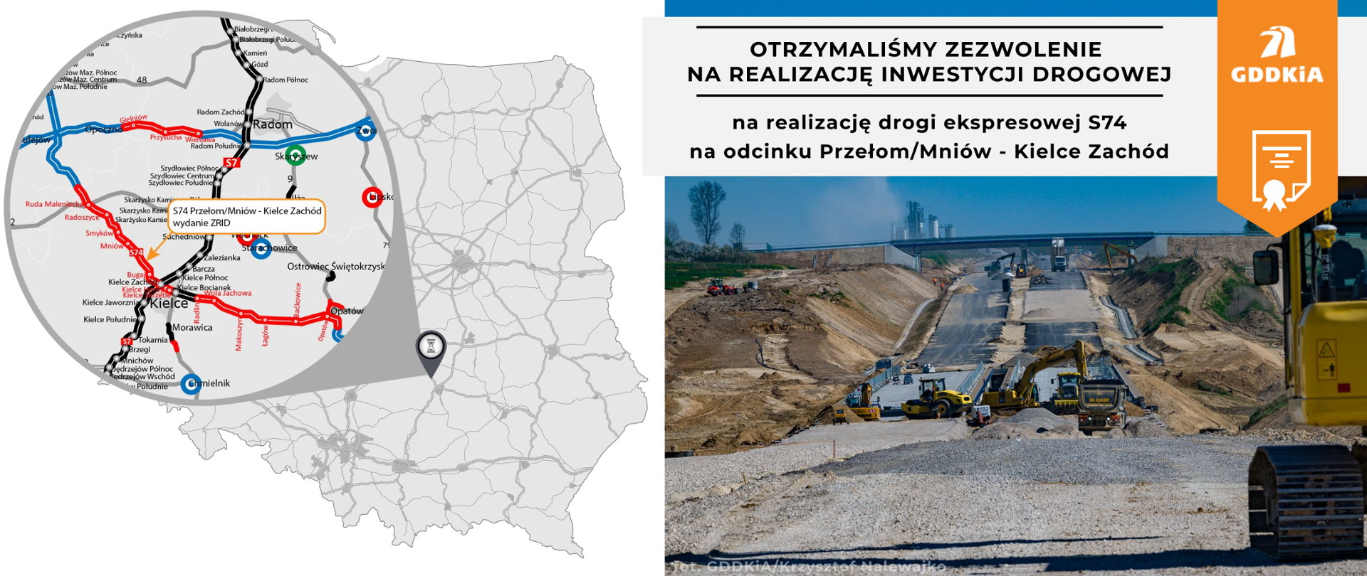 S74 Mniów - Kielce - infografika z mapą usytuowania odcinka i informacją o uzyskaniu decyzji ZRID